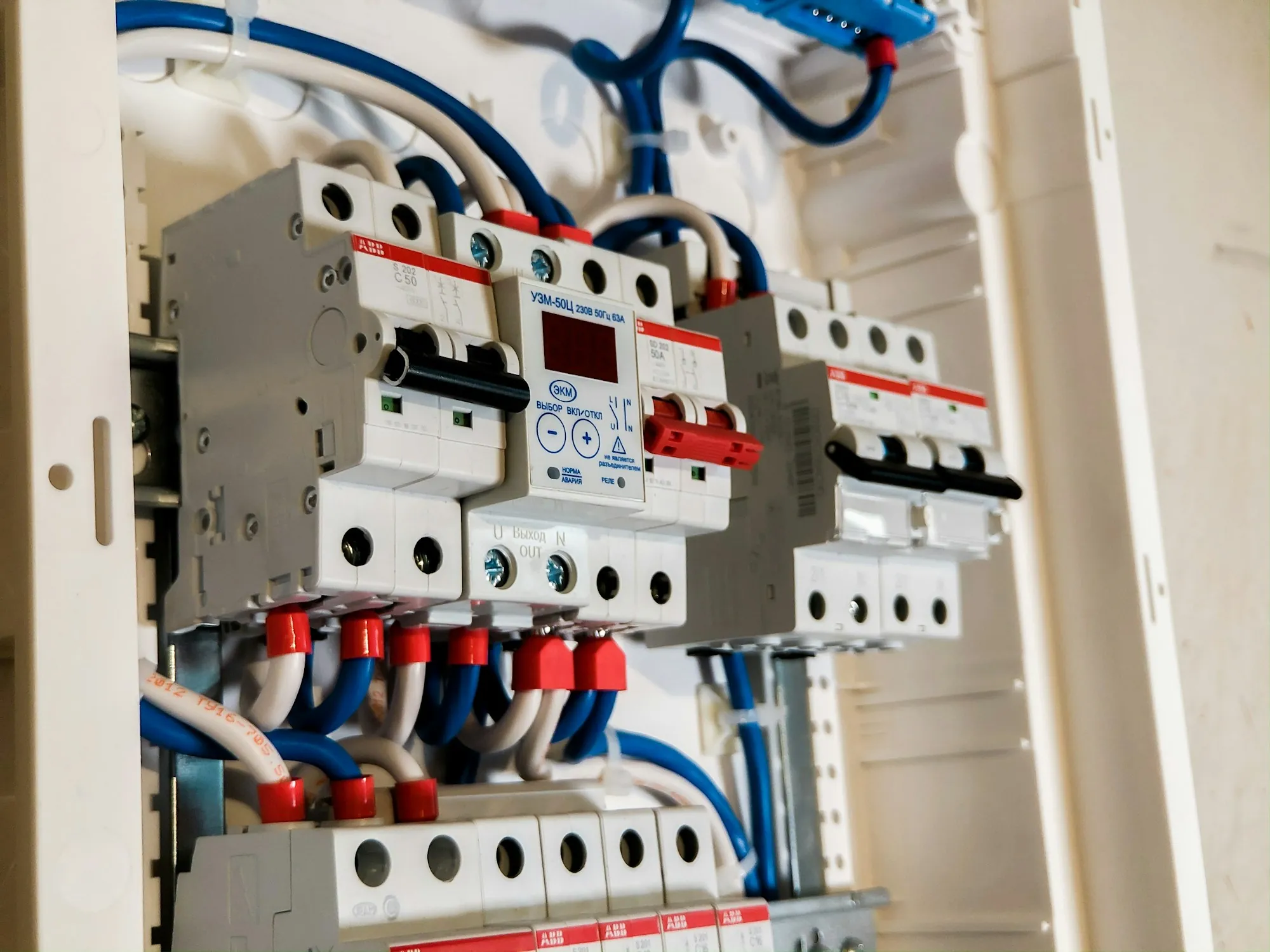 Rows of breakers inside a newly fitted electrical panel